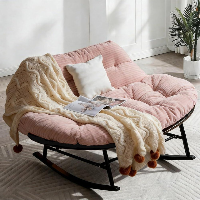MUSUFIMIIX Patio Double Rocking Chair with Thick Cushion,Oversize Rattan Papasan Chair for 2, Egg Loveseat for Living Room, Patio, Garden, Backyard (Pink Plush Fabric)
