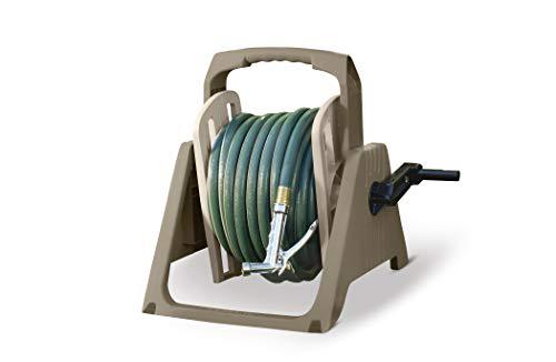 Suncast Resin Outdoor Garden Tote or Wall Mount Hose Reel - Durable Hose Storage Reel with Crank Handle and Lid - 100' Hose Capacity - Taupe