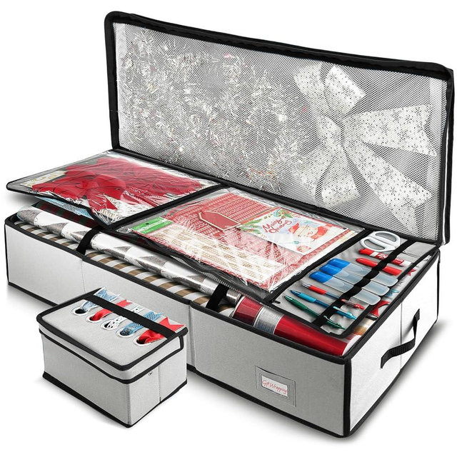 Hearth & Harbor Wrapping Paper Storage Container - Christmas Storage Bag with Ribbon Dispenser and Interior Pockets - Gift Wrap Organizer Fits Up to 26 Rolls of 40" Length, Silver