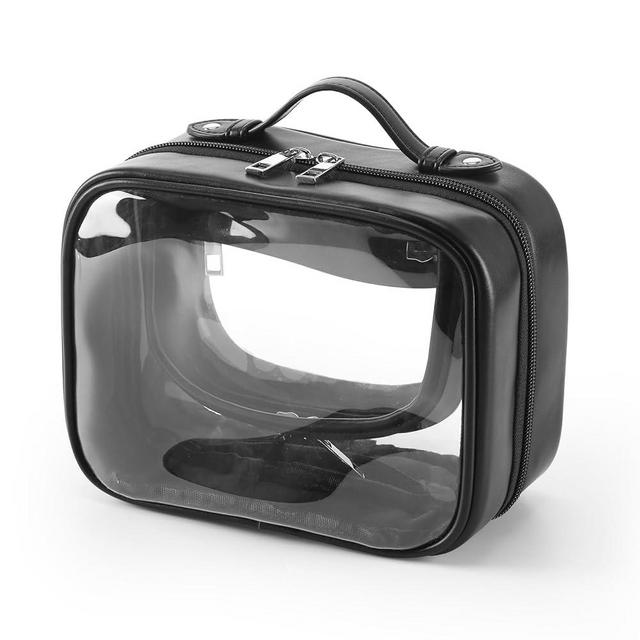 MissBoy TSA Approved Toiletry Bag, Clear Cosmetic Bag with Handle, Large Opening Transparent Travel Makeup Organizer Bag for Women Girls, Black