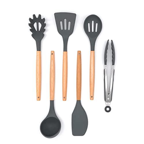 6 Piece Silicone Cooking Utensil Kitchen Set With Tongs - Grey with Hardwood Handle Kitchen Utensils Tools Wooden Cookware BPA Free Nonstick Cookware