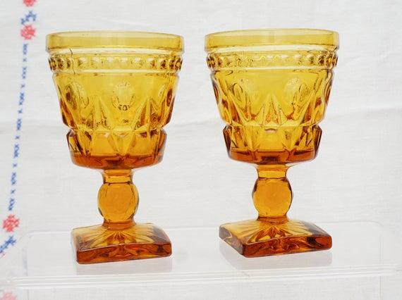 PAIR of Park Lane by Colony Glass Amber Wine Glasses 4-1/2"