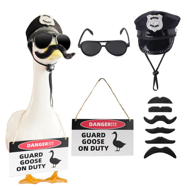 ZANOLY 9pcs Goose Outfit,Porch Goose Outfits,Lawn Goose Statue Costume for 17"/23" Cement Patio Garden Outdoor Statue Decor,Police Hat Eyeglasses PVC Sign Danger Guard Goose on Duty (Police)