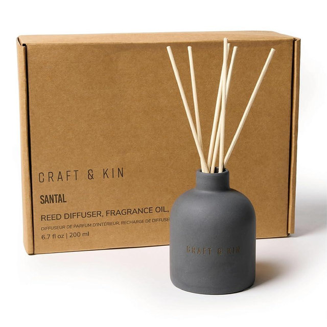 Craft & Kin Reed Diffuser Set - Santal Woods, Reed Diffusers for Home with Fragrance Sticks - The Earthenware Collection, 6.7oz Alcohol-Free, Essential Oils