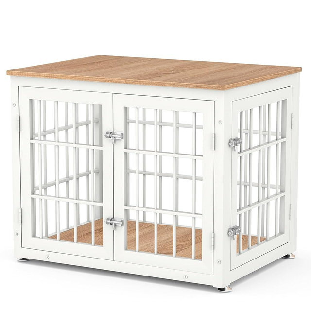rehomerance Heavy Duty Dog Crate Furniture for Medium and Small Dogs, Decorative Pet House End Table, Wooden Cage Kennel Furniture Indoor, White and Natural