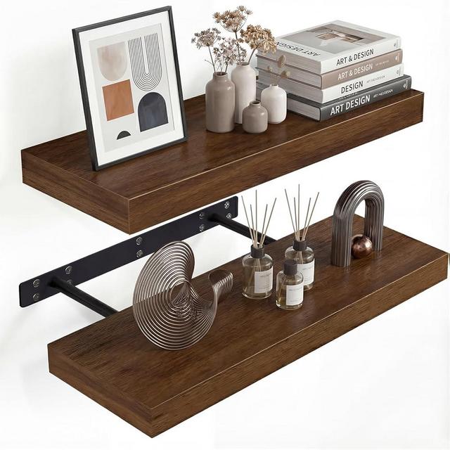 INHABIT UNION Walnut Floating Shelves for Wall, 24 in Wall Mounted Shelves Perfect for Bedroom, Bathroom, Living Room and Kitchen Decoration Storage（Set of 2）