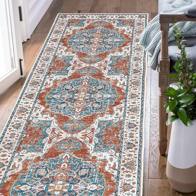 JINCHAN Runner Rug 2x6 Hallway Persian Rug Vintage Rug Traditional Area Rug for Kitchen Floor Cover Foldable Thin Rug Rusty Red Multi Distressed Floral Print Indoor Mat Bathroom Bedroom Living Room
