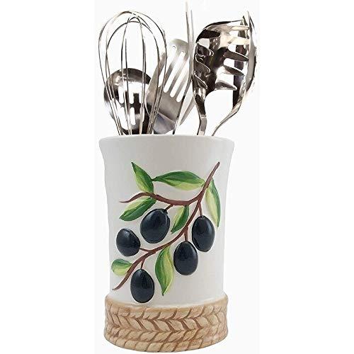 MISC Decorative Olive Design Utensil Holder Caddy with Sturdy No-tip Weighted Base Rust Proof and Dishwasher Safe White Stone