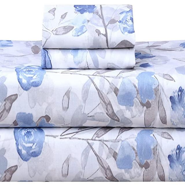 RUVANTI 100% Cotton Sheets - Soft & Breathable King Sheet Set - Deep Pocket King Size Sheets - Crispy Percale Sheets - Blue & Grey Floral King Sheets – Moisture-Wicking Bed Sheets - 4 Pieces