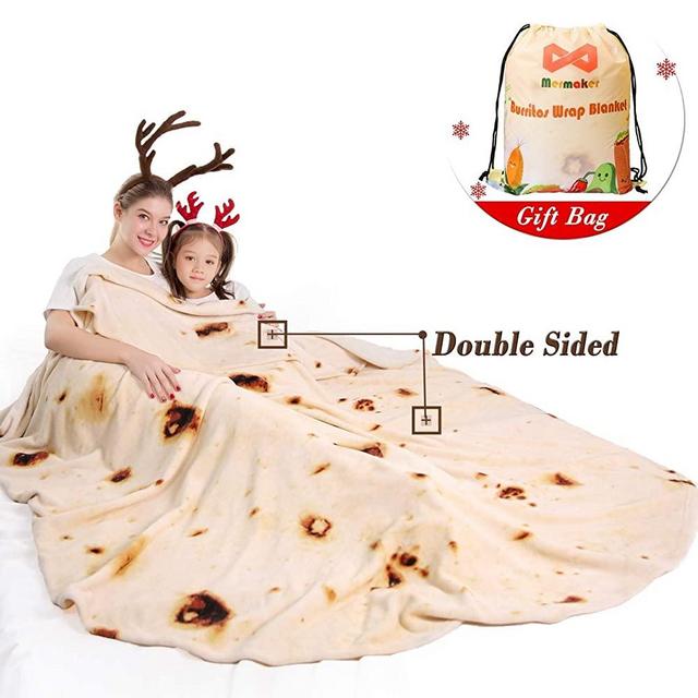 mermaker Burritos Tortilla Blanket 2.0 Double Sided 71 inches for Adult and Kids, Giant Funny Realistic Food Throw Blanket, 285 GSM Novelty Soft Flannel Taco Blanket (Yellow Blanket-Double Sided)