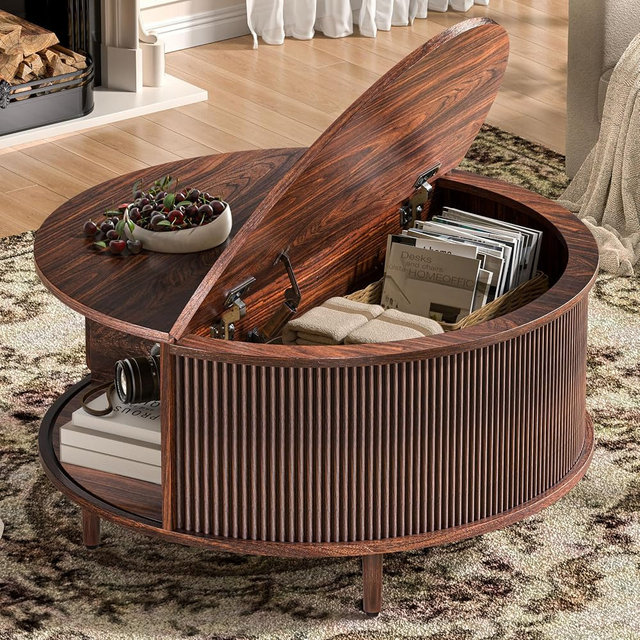 Round Coffee Table, 31.5" Fluted Center Table with Storage, Lift-Top Coffee Table with Adjustable Footpads, Sliding Door, Mid-Century Modern Center Table for Living Room, Small Space, (Walnut)