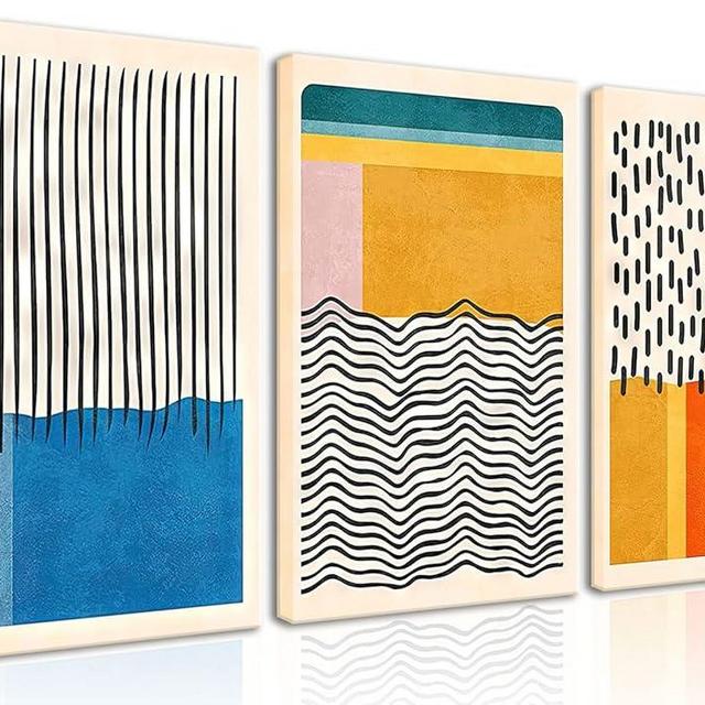 AKWISH Midcentury Modern Framed Wall Art for Living Room Set of 3 Mid Century Modern Abstract Canvas Painting Print Boho Color Blocks Home Decor Colorful Minimalist Pictures for Bedroom 12"x16"x3