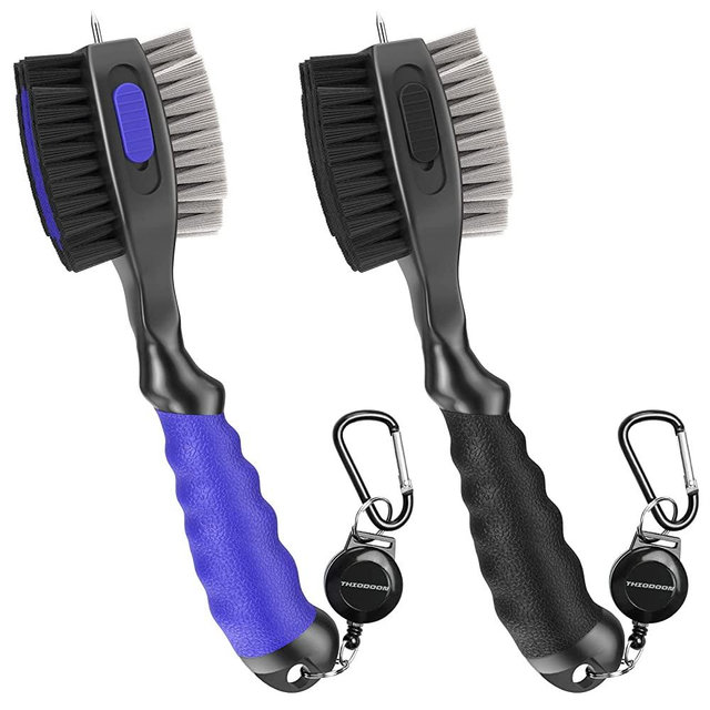 THIODOON 2 Pack Golf Club Brushes and Groove Cleaner with Magnetic Keychain Oversized Golf Brush Head and Retractable Spike Super Non-Slip Handle Comfortable Grip Golf Club Cleaner