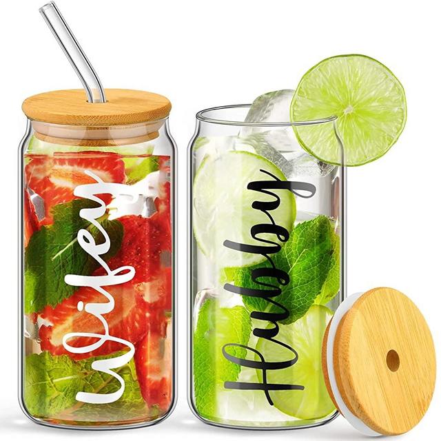 2 Pcs Hubby and Wifey Drinking Glasses 16 oz Beer Can Glass with Bamboo Lids and Glass Straws Bridal Shower Gift Can Shaped Iced Coffee Cup Glass Tumbler Engagement Gifts for Women Drinking Jars
