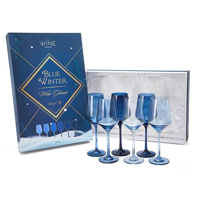 Colored Wine Glass Set, 12oz Glasses Set of 6 Baby Shower Gender Reveal Boy or Girl Decor Baby Announcement Unique Italian Style Tall Stemmed for White & Red Wine Elegant Glassware (Blue)