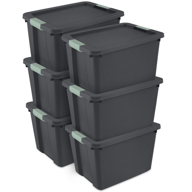 Sterilite 6 Pack 20 Gallon Stackable Plastic Storage Tote Container Organizer Bin with Latching Lid for Home and Garage Organization, Gray/Green