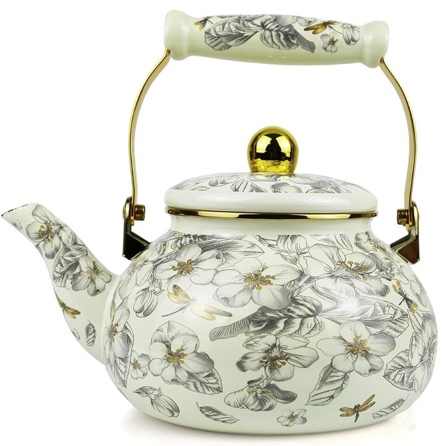 2.5L Vintage Enamel Tea Kettle, Dragonfly Floral Stovetop Teapot with Porcelain Handle, Enamel Kettle for Home/Camping/Tea Party, Ideal Christmas/Housewarming Gift