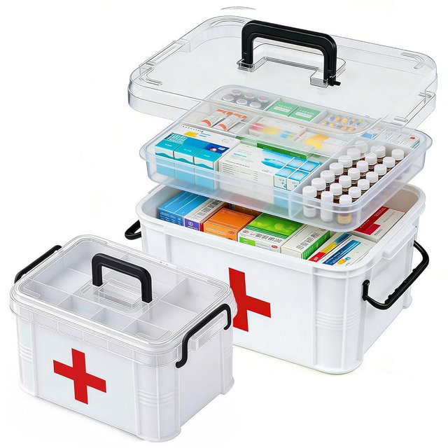 2 Pack Clear Medicine Organizer Box with Handle, Plastic Medicine Container with Tray First Aid Box Empty, Thickened Medicine Storage Organizer Multipurpose Medication Organizer Storage, White