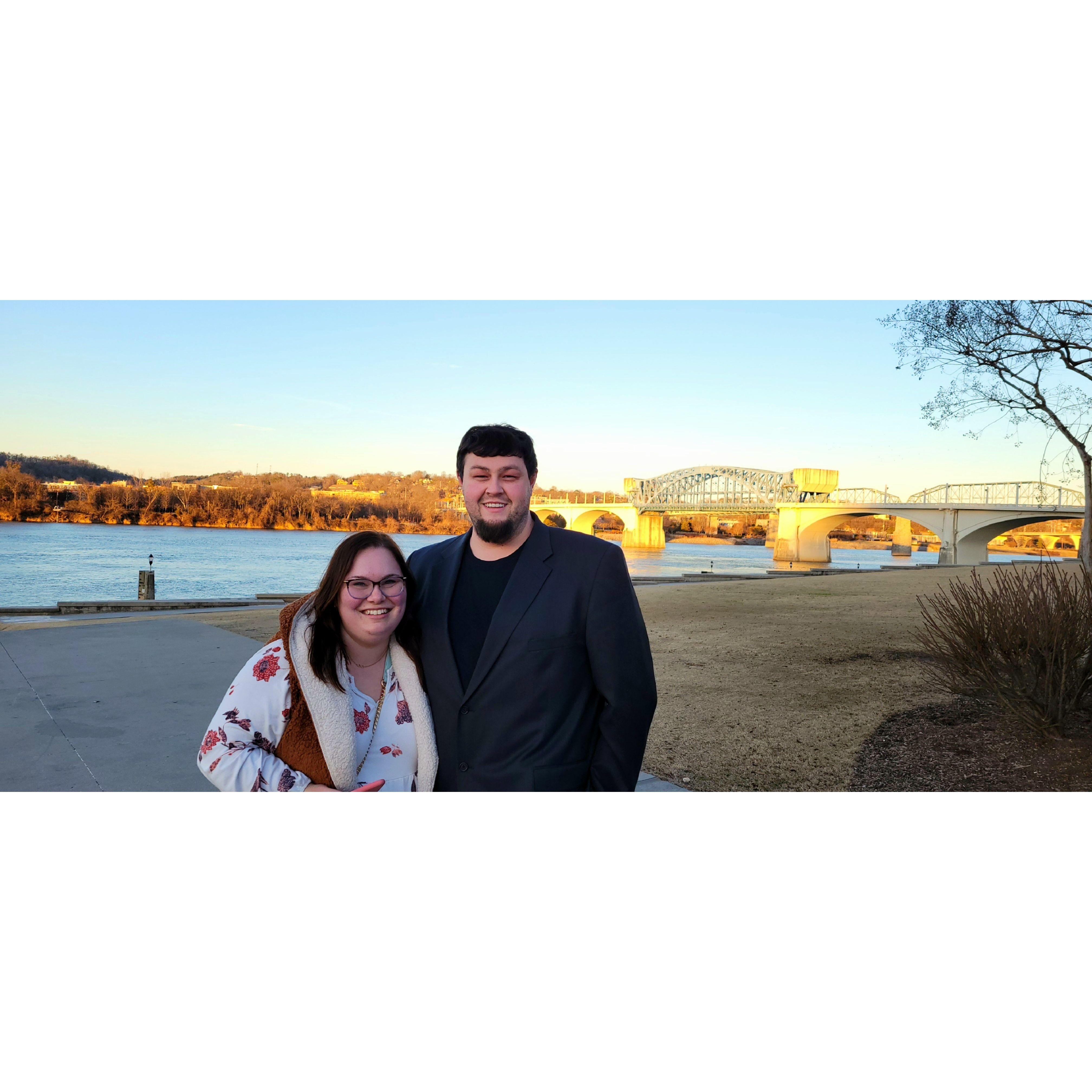 First picture as an engaged couple!!  Rachel is wearing the exact same shirt from our first date.  Tennessee River; Chattanooga, TN