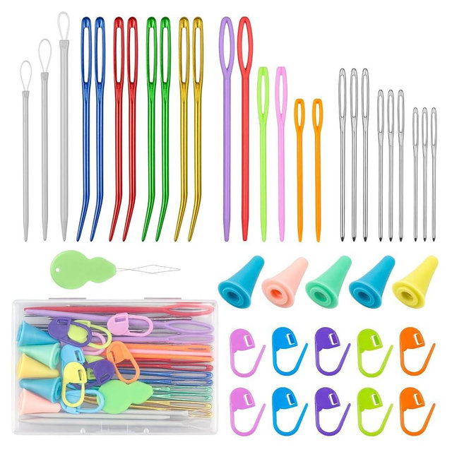 FIVEIZERO 43 Pcs Yarn Needles Set, Assorted Yarn Needles Bent Tapestry Needle Weaving Needle Darning Needles Big Eye Blunt Knitting Needles with Stitch Markers for Knitting Crochet Kit