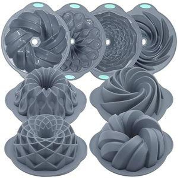 Tongjude 4 Pieces Silicone Fluted Cake Pans, 10/12 Cups Tube Baking Pan, Silicone Molds for Homemade Cake, Bread and Jello, Non-Stick, Grey