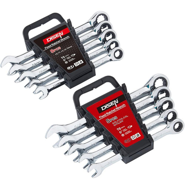 DISEN 10Pcs Ratcheting Wrench Set SAE & Metric Ratchet Wrench Set with Rack Organizer, Premium CR-v Steel, 12 Point, 72 Teeth,Box End and Open End Ratcheting Wrench Set,Metric 10-15mm&SAE 3/8''-5/8''