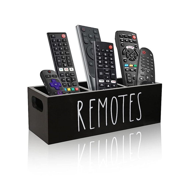 Remote Control Holder, Farmhouse Remote Storage Caddy, Bedside TV Controller Box, Rustic Wood Media Organizer Tray for Home Bedroom Table (Black)