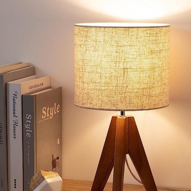 EDISHINE Table Lamp with Light Brown Wooden Tripod, Linen Beige Lampshade, 14.2 Inch Nightstand Lamp, E26 Socket, Bedside Table Lamp for Nursery, Bedroom, Office, Kid Room, Living Room