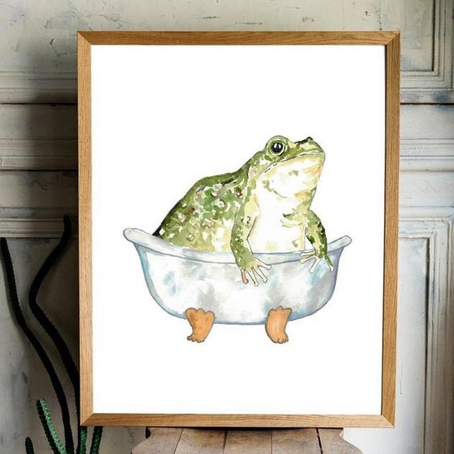 Frog taking bath watercolor painting print art bathroom room washroom wall poster decor modern forest wildlife wild animal reptile toad