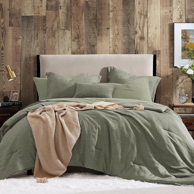 Geniospin Queen Comforter Set - 7 Pieces Comforter Queen Size, Solid Bedding Set for All Season, Textured Bed in a Bag with Flat Sheet and Fitted Sheet, Pillowcases and Shams (Sage Green, 90''x90'')