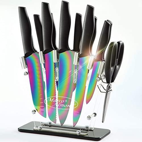 Marco Almond KYA35 Rainbow Titanium Knife Set with Block,14 pieces Kitchen Knife Set with Acrylic Stand,Kitchen Scissor,Santoku knife,6 Rainbow Steak Knives Cutlery Knives Set For Home Pro Use