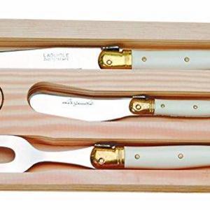 Jean Dubost 3-Piece Cheese Knives Set in Box, Ivory