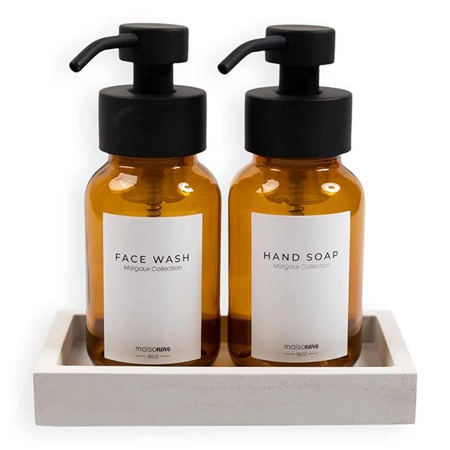 MaisoNovo Foaming Soap Dispenser with Concrete Tray and Waterproof Hand Soap & Face Wash Labels | Vintage Foaming Hand Soap Dispenser for Bathroom Countertop | Amber Foaming Bottle 8 oz