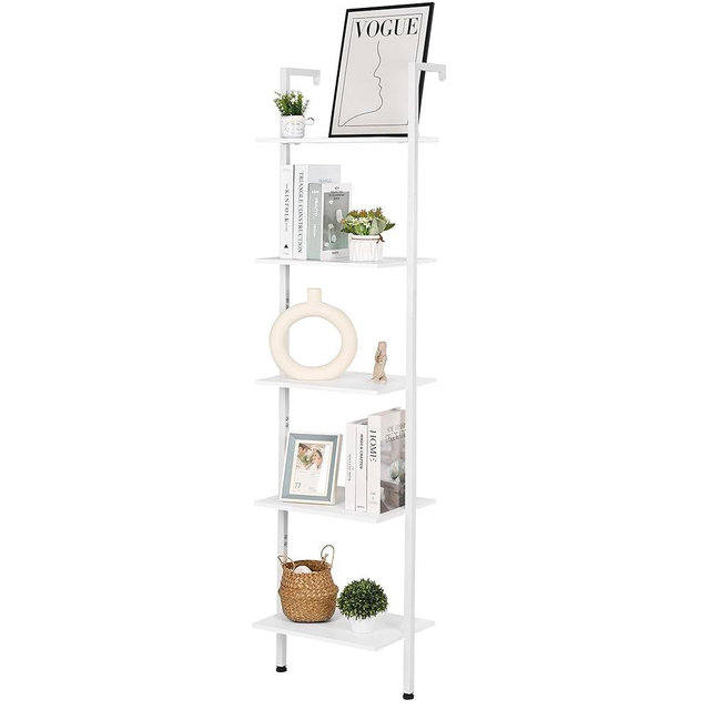 ELYKEN Ladder Shelf, White 5-Tier Wood Wall Mounted Bookshelf with Metal Frame, Modern Open Display Organizer Rack, Leaning Storage Shelves for Living Room, Bedroom, Home Office