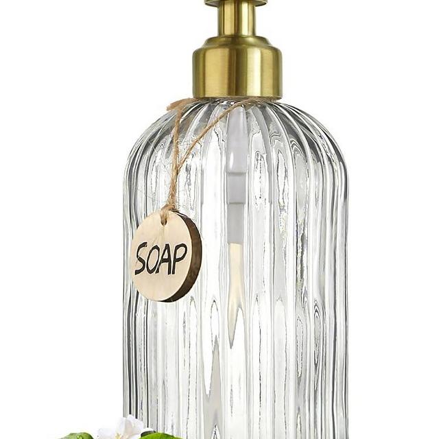 JASAI 18Oz Glass Soap Dispenser with Golden Pump for Kitchen,Refillable Liquid Hand Soap Dispenser with Vertical Stripe, Clear Soap Dispenser Bathroom for Hand soap, Dish Soap, Lotion