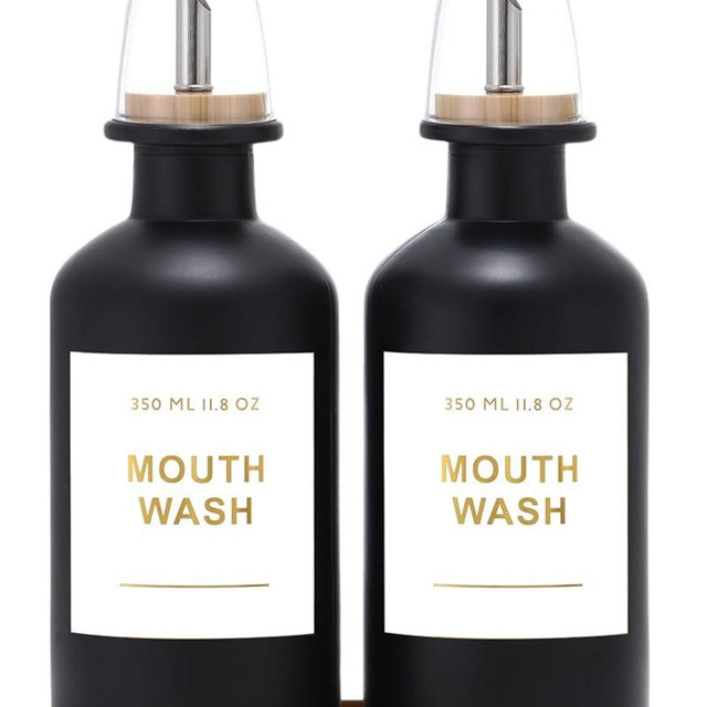 BONLONG 11.8OZ Glass Mouthwash Dispenser for Bathroom with Stainless Steel & Bamboo Nozzle, Mouthwash Cup Reusable, Bamboo Tray, and Elegant Gold Sticker.Set of 2（Black