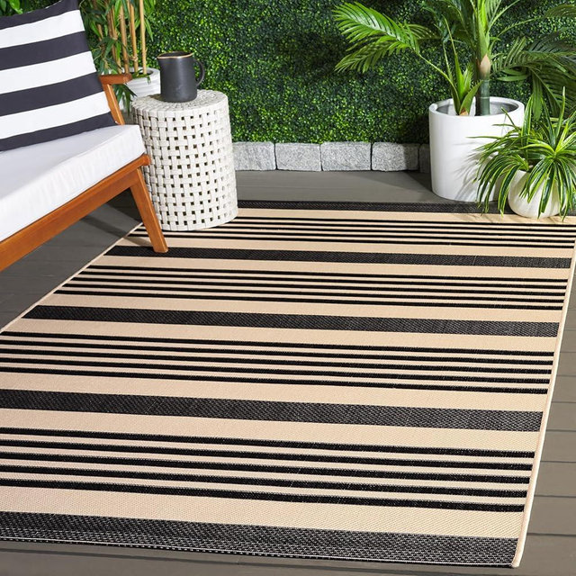 SAFAVIEH Courtyard Collection Area Rug - 8' x 10', Black & Bone, Stripe Design, Non-Shedding & Easy Care, Indoor/Outdoor & Washable-Ideal for Patio, Backyard, Mudroom (CY6062-216)