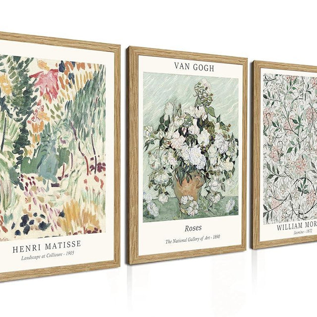 Induslyfe Framed Sage Green Vintage Wall Art Canvas Decor Set of 3, Matisse Wall Art Prints Posters Mid Century Modern Art, Van Gogh Floral Botanical wall art, bathroom, bedroom, living room 12x16