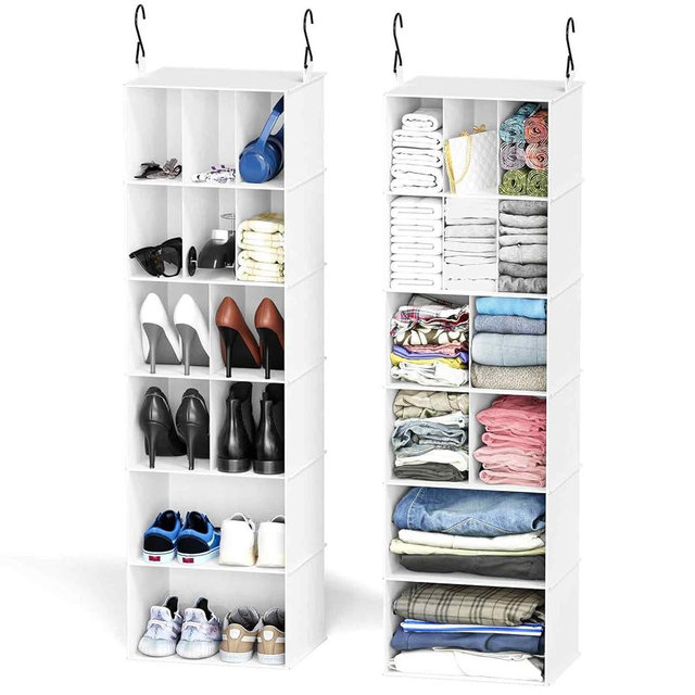 SpaceAid 2 Pack Hanging Closet Organizer and Storage with Dividers, 24 Compartments Hanging Shoe Shelves for Closet, Wardrobe, RV, Garment Rack - White