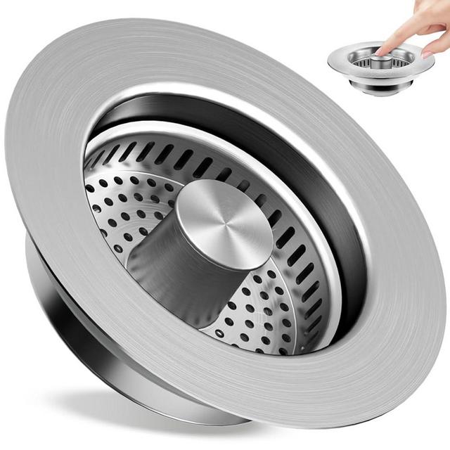 Kitchen Sink Drain Strainer 3 in 1, 304 Stainless Steel Pop Up Sink Stopper, Anti-Clogging Sink Drain Strainer for US Standard Kitchen Drain (SUS304 Brushed)