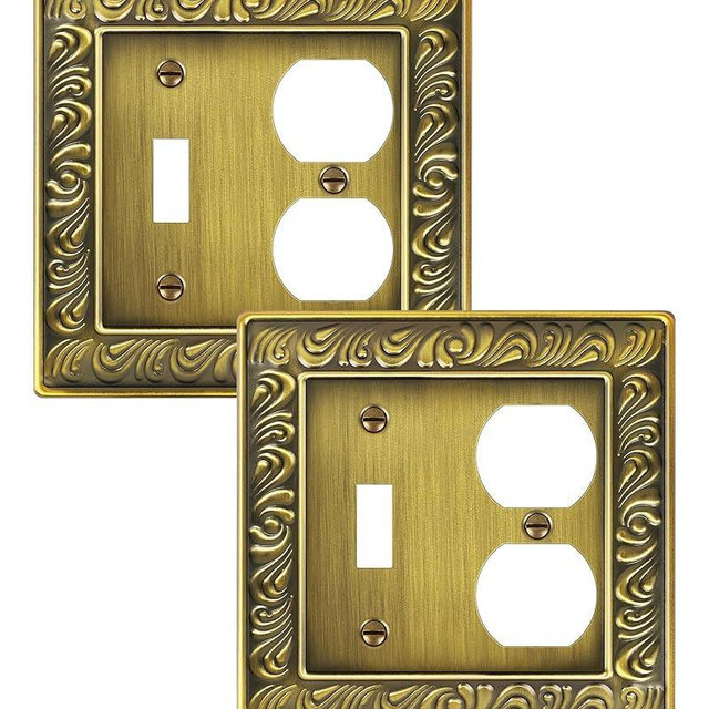 2-Pack Combo Toggle/Duplex Light Switch Cover Plate, Paisley Pattern Decorative Wall Outlet Cover Plate, Antique Brass 2 Gang Metal Wall Plates for Electrical Outlets, Light Switch