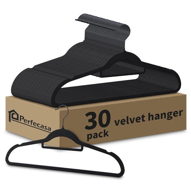 Perfecasa Black Velvet Hangers 30 Pack - Non Slip Clothes Hangers, Ultra Slim Hangers, Space Saving Swivel Black Hook, Suit, Top, Tie, Shirt, Skirt & Pant Felt Hangers, Black Hangers
