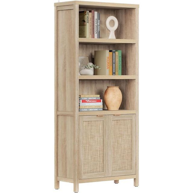 SICOTAS Bookcase 5 Tier Bookshelf Rattan Boho Tall Book Case Shelf with Doors Storage Wood Large Bookcases Farmhouse Bookshelves Library Shelves for Living Room Bedroom Home Office Kitchen (Natural)