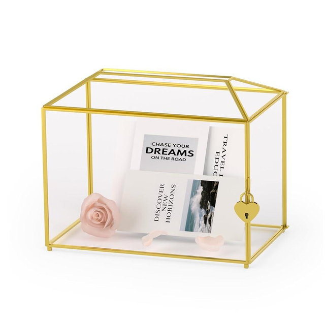Atzciyr Wedding Card Box with Slot and Lock for Wedding Reception - Birthdays Party Card Holder, Home Geometric Decorative, Clear Gold Terrarium (Gold) 10.2" x 5.9" x 7.9"