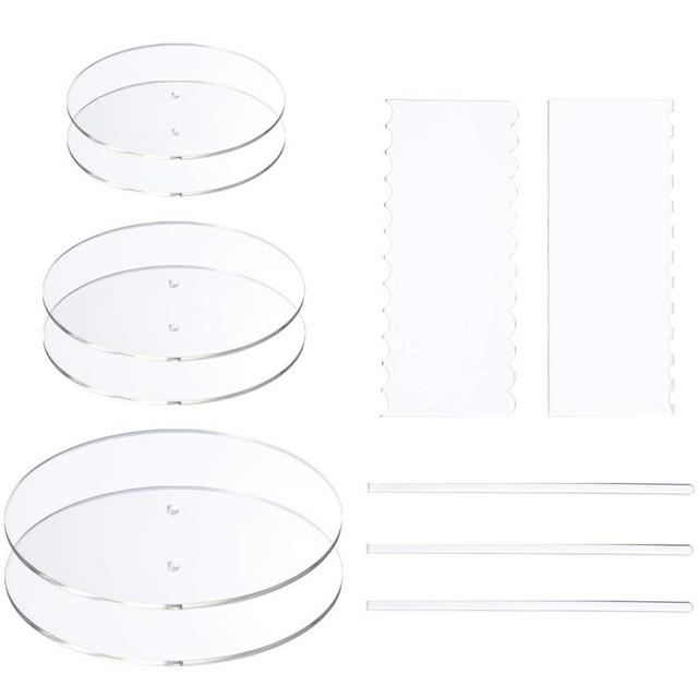 Aquiver Acrylic Round Cake Disk Set - Cake Discs Circle Base Boards with Center Hole - 2 Comb Scrapers (4 Patterns) & 3 Dowel Rod - 6.25", 8.25", 10.25", 2 of Each Size - Supplies for 3 Tier Cakes