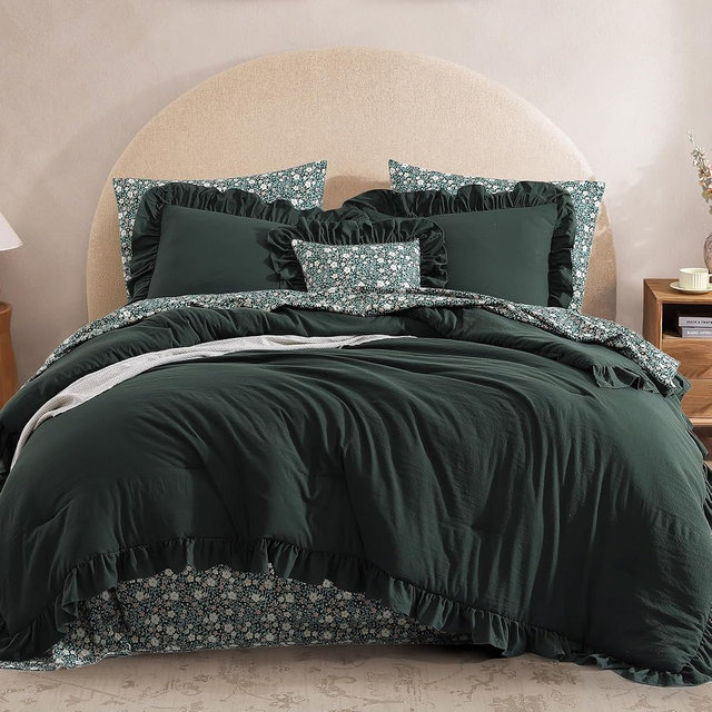 BLOOMHAVEN Oversized King Comforter Set - 7 Pieces Ruffle Forest Green Bedding Sets, Shabby Chic Farmhouse Bed in a Bag with Ruffle Comforter, Floral Sheets, Pillowcases & Shams
