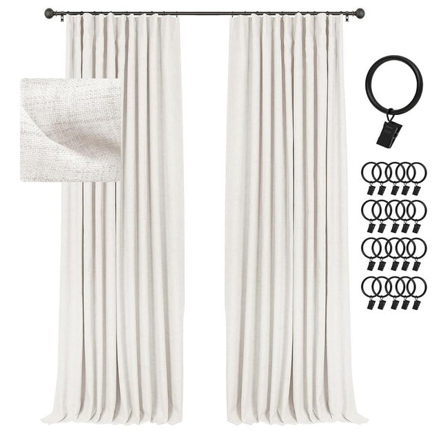 INOVADAY 100% Blackout Curtains for Bedroom, Black Out Curtains 92 Inch Long, Clip Rings Linen Blackout Drapes, Thermal Insulated Room Darkening for Living Room, 2 Panels - Beige,W50xL92