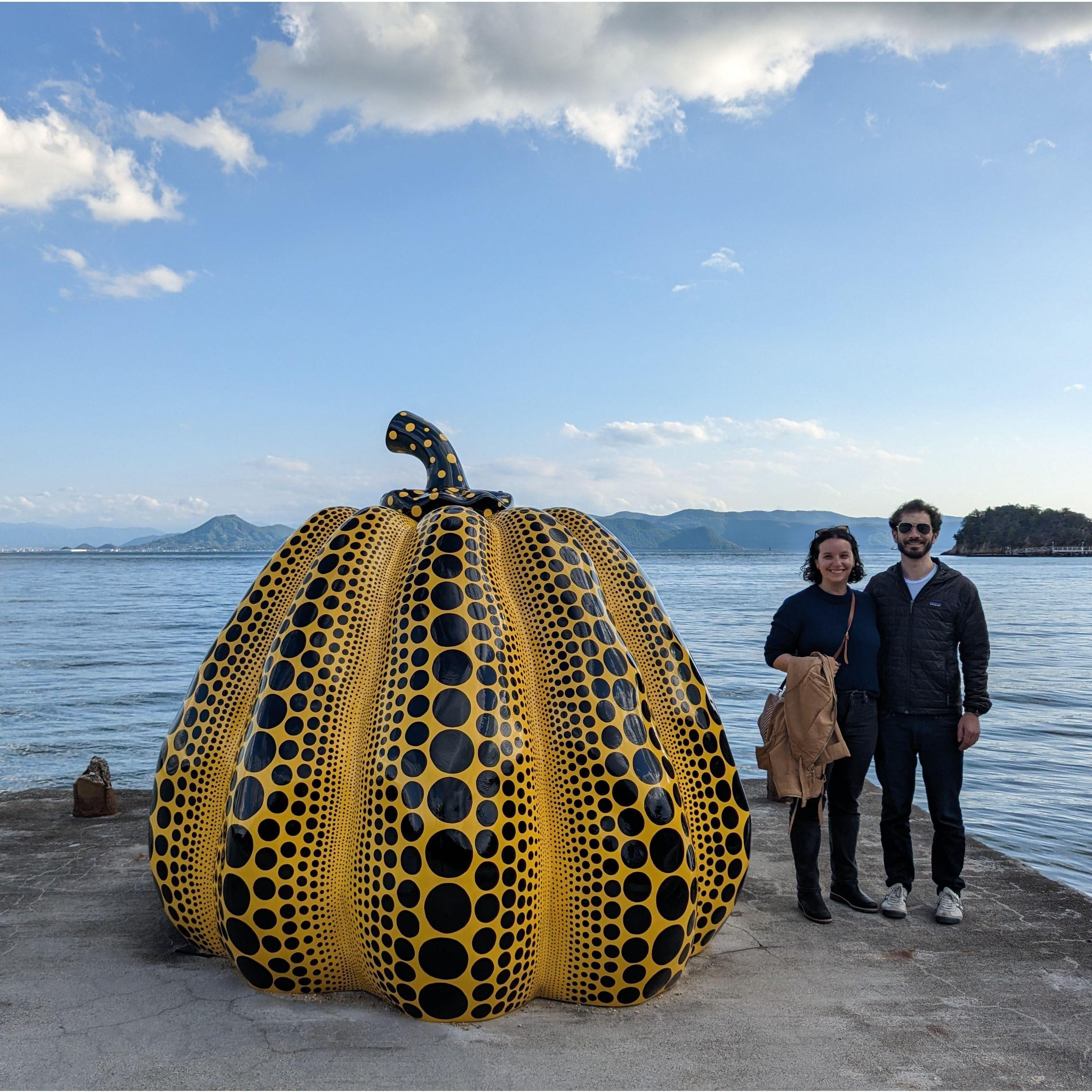 Noashima Island in Japan, where Sarah convinced Aaron that it was totally worth it to take a train to a bus to a ferry to go see some weird contemporary art, and also giant pumpkins! (April '23)