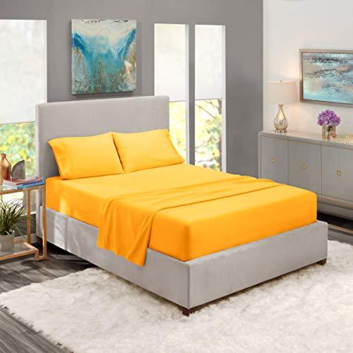 Nestl Bedding Soft Sheets Set – 4 Piece Bed Sheet Set, 3-Line Design Pillowcases – Easy Care, Wrinkle Free – Good Fit Deep Pockets Fitted Sheet – Free Warranty Included – Queen, Yellow