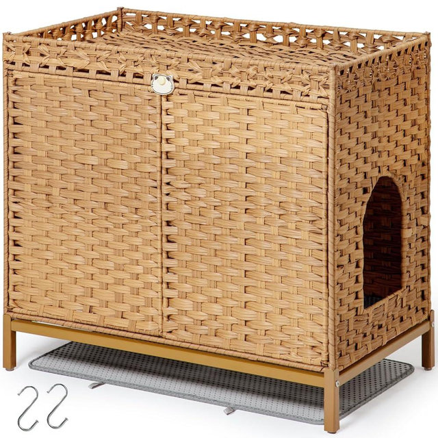 SETVSON Cat Litter Box Enclosure Furniture, Hidden Handwoven Rattan Litter Box with Mat, Large Cat House with Metal Heightened Feet, 30.3 x 18.3 x 28 Inches, Indoor for Living Room, Bedroom Natural